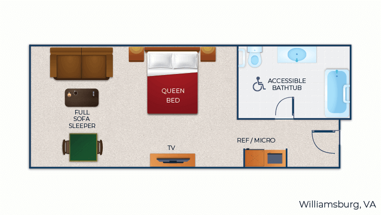 The floor plan for the Queen Sofa Suite (accessible bathtub)